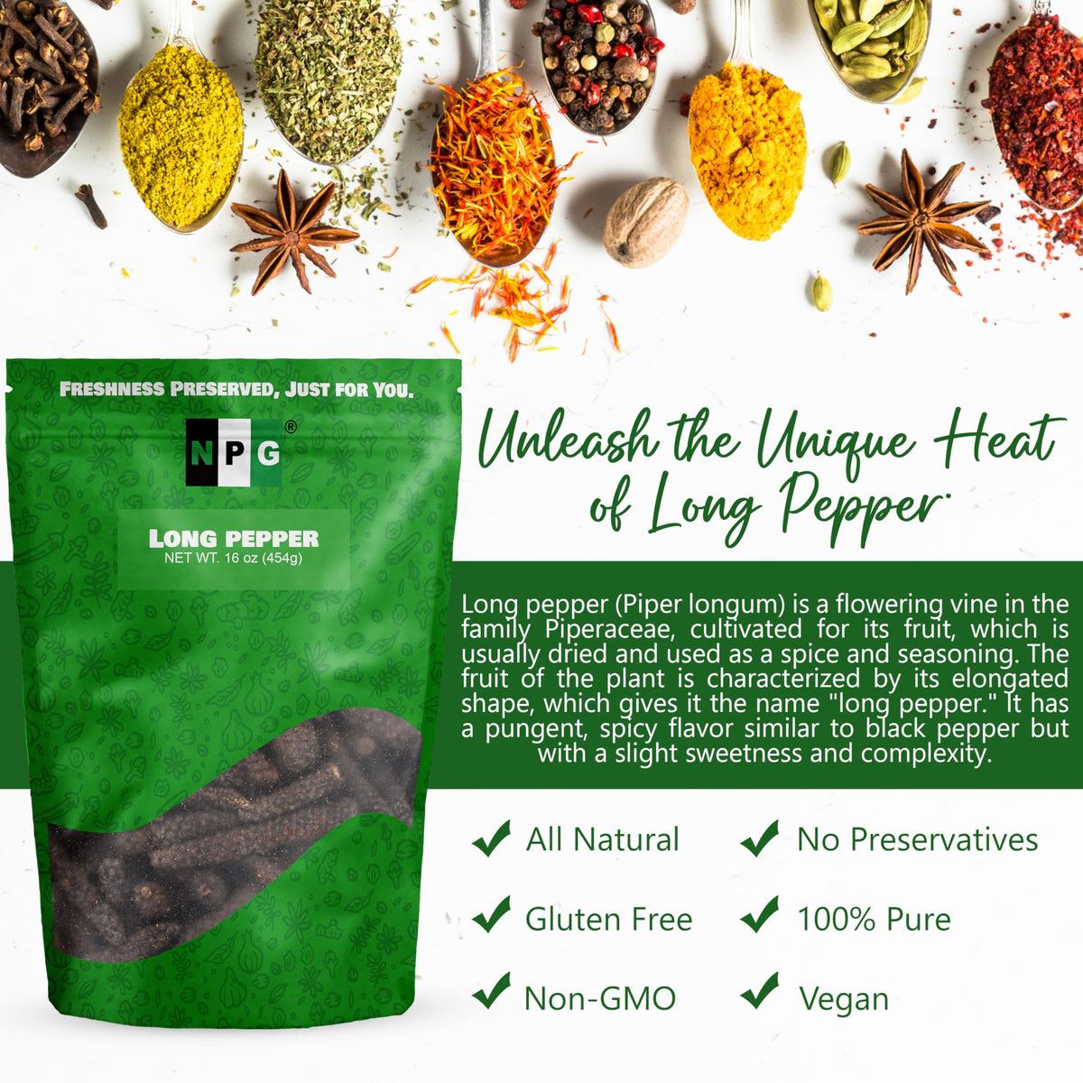 Natural Plus Green NPG Long Pepper spice rub on meat boosts flavor.