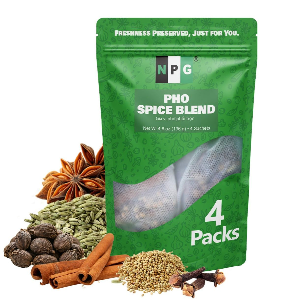 Natural Plus Green NPG Pho Spice Blend jar showcases authentic Northern pho notes for rich broth.