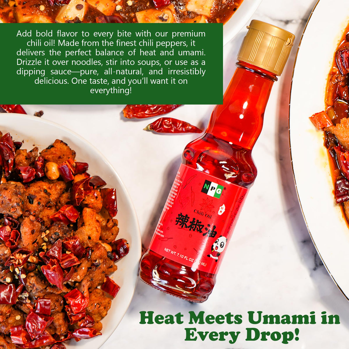 Natural Plus Green NPG Szechuan Chili Oil in glass bottle with clean label