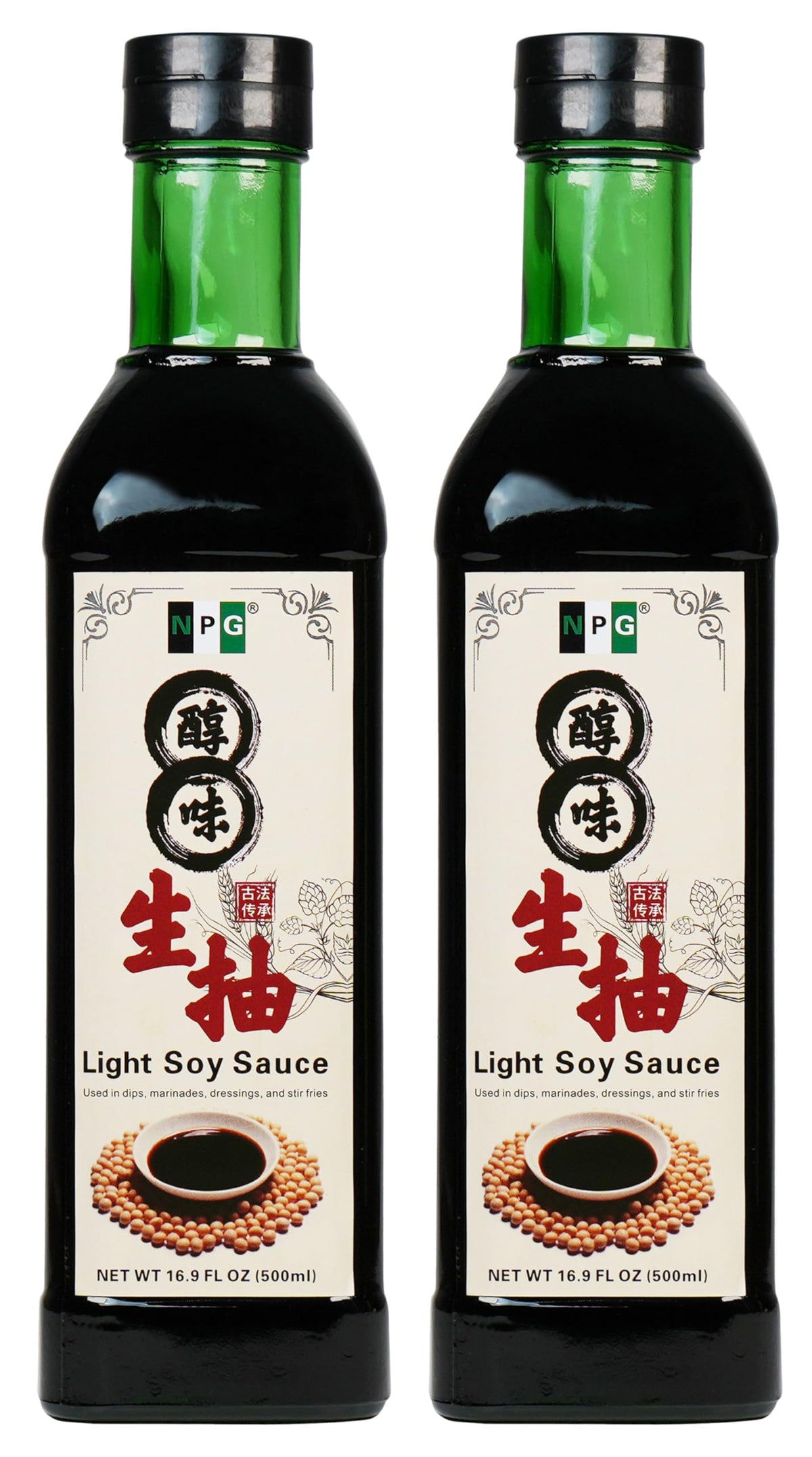 Natural Plus Green NPG Tamari bottle closeup for premium dipping sauces