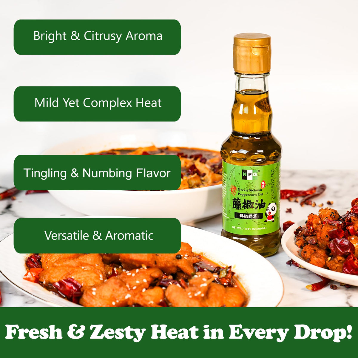 Natural Plus Green Sichuan Peppercorn Oil label focuses on GMO-free and gluten-free purity.