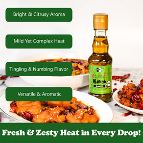 Natural Plus Green Sichuan Peppercorn Oil label focuses on GMO-free and gluten-free purity.