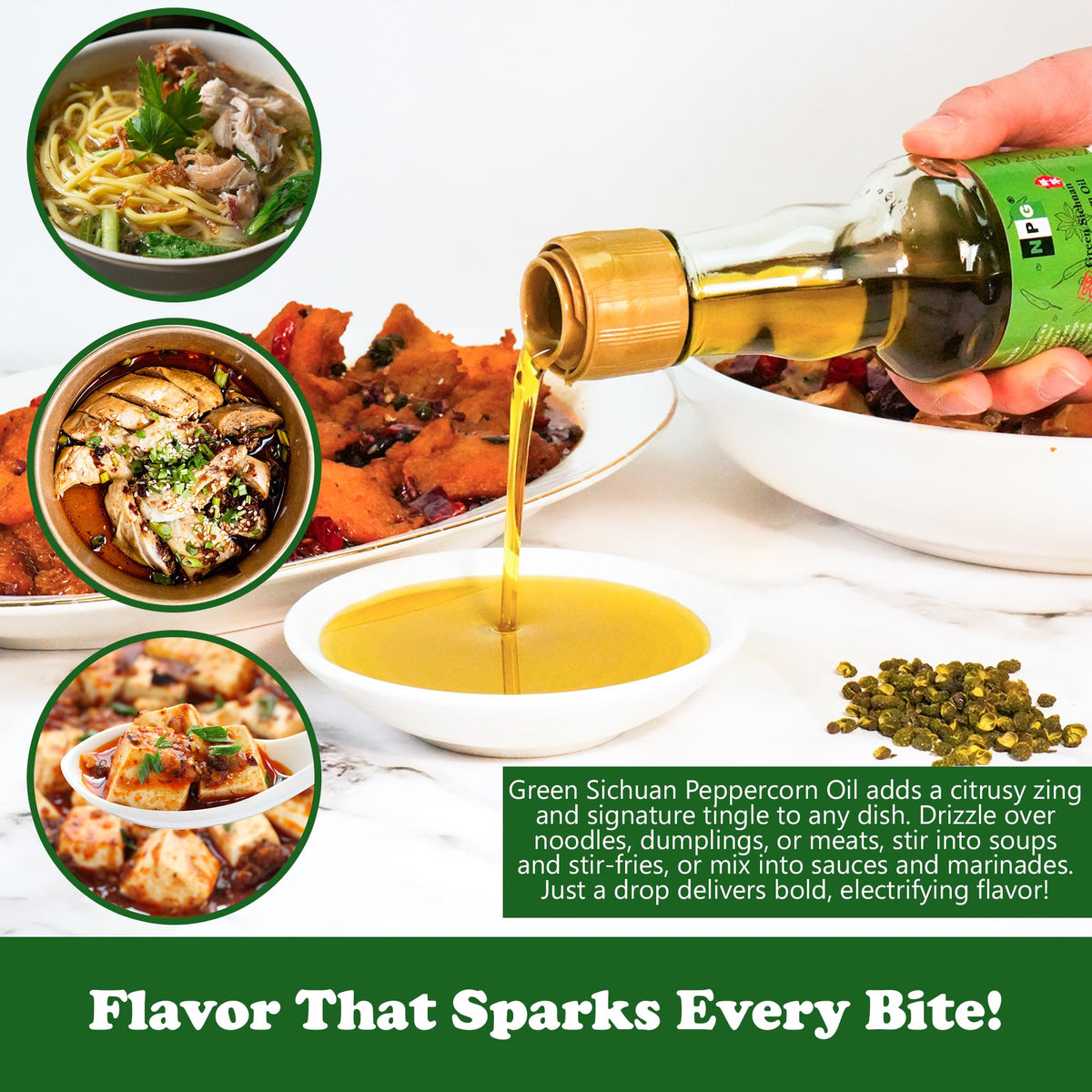 Natural Plus Green Sichuan Peppercorn Oil plated dish for intense flavor in Asian cuisines.