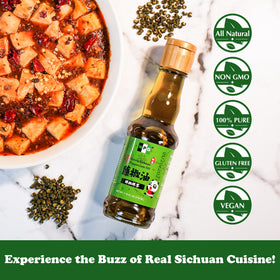 Natural Plus Green Sichuan Peppercorn Oil stir-fry shot demonstrates authentic heat infusion.