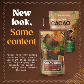 NaturaleBio cacao nibs glass bowl showcases vibrant nibs for smoothies.