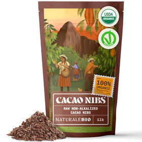 NaturaleBio organic cacao nibs in a 1 lb bag ready for baking and snacking