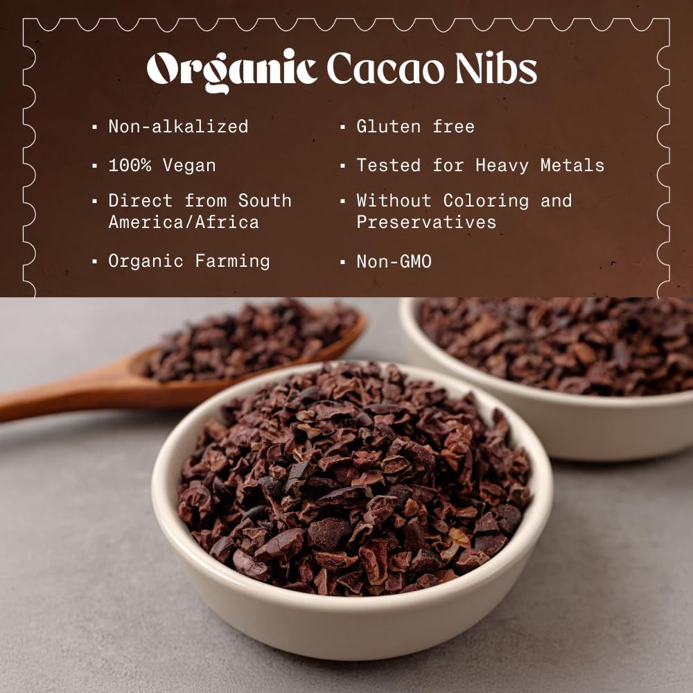 NaturaleBio cacao nibs organic view highlights untreated vegan ingredients for baking.