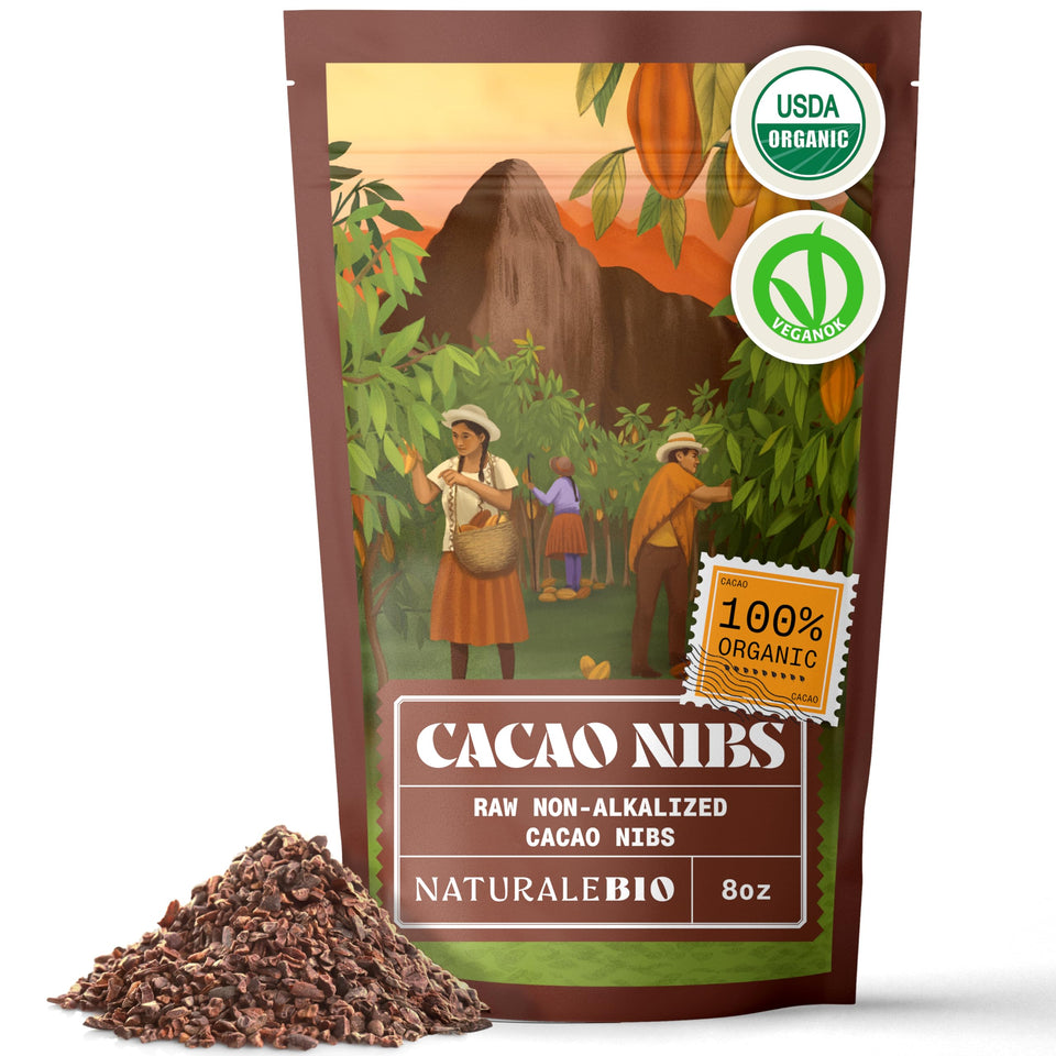 NaturaleBio cacao nibs raw closeup in bag for pure unsweetened flavor.