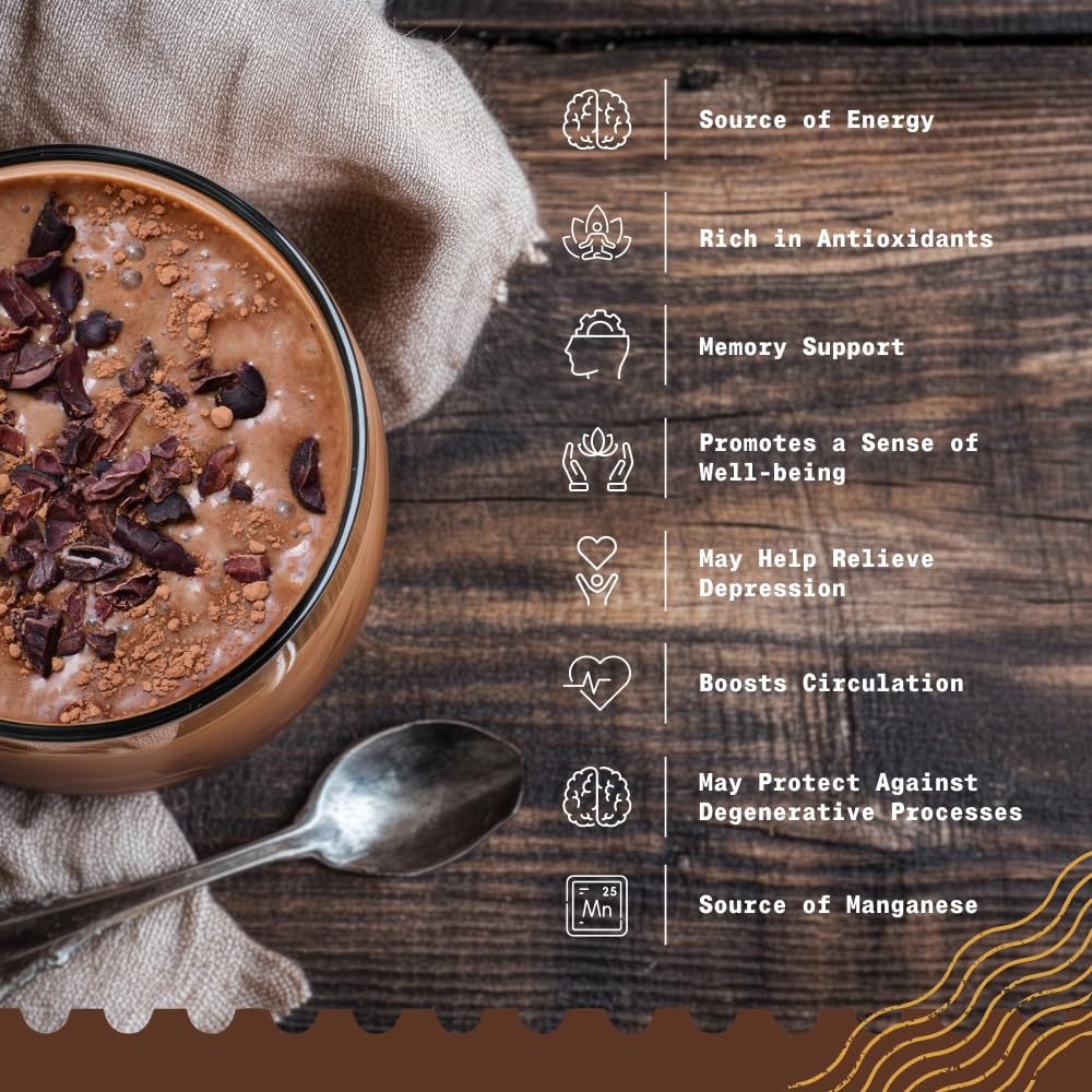 NaturaleBio cacao nibs unsweetened on spoon ideal for hot beverages.