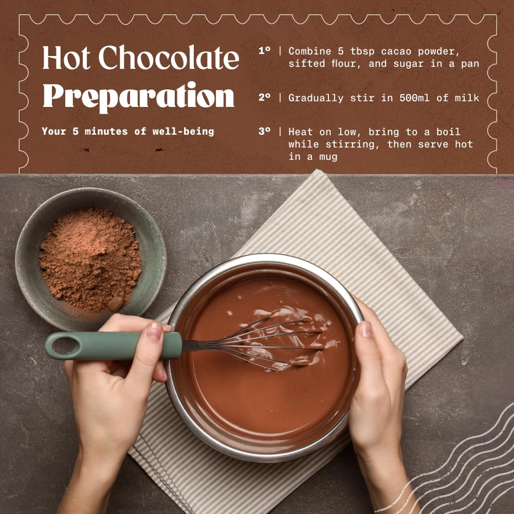 NaturaleBio cacao powder in a baking bowl integrates easily into desserts.