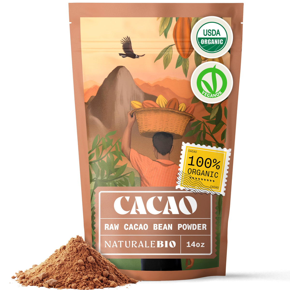 NaturaleBio cacao powder in an organic 14oz jar for baking and smoothies.