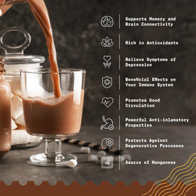 NaturaleBio cacao powder stirred into milk reveals rich color and deep cocoa flavor.