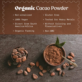 NaturaleBio cacao powder with measuring spoon shows unsweetened versatility for recipes.