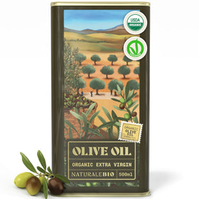NaturaleBio extra virgin olive oil bottle pour highlights premium flavor