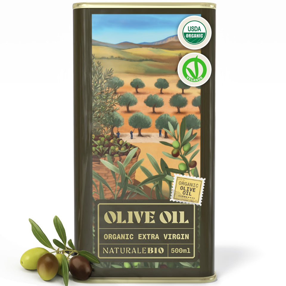 NaturaleBio extra virgin olive oil bottle pour highlights premium flavor