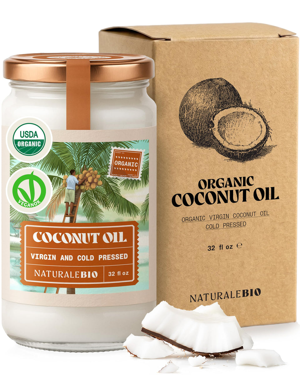 NaturaleBio virgin coconut oil bottle pour for cooking and vegan butter substitutes.