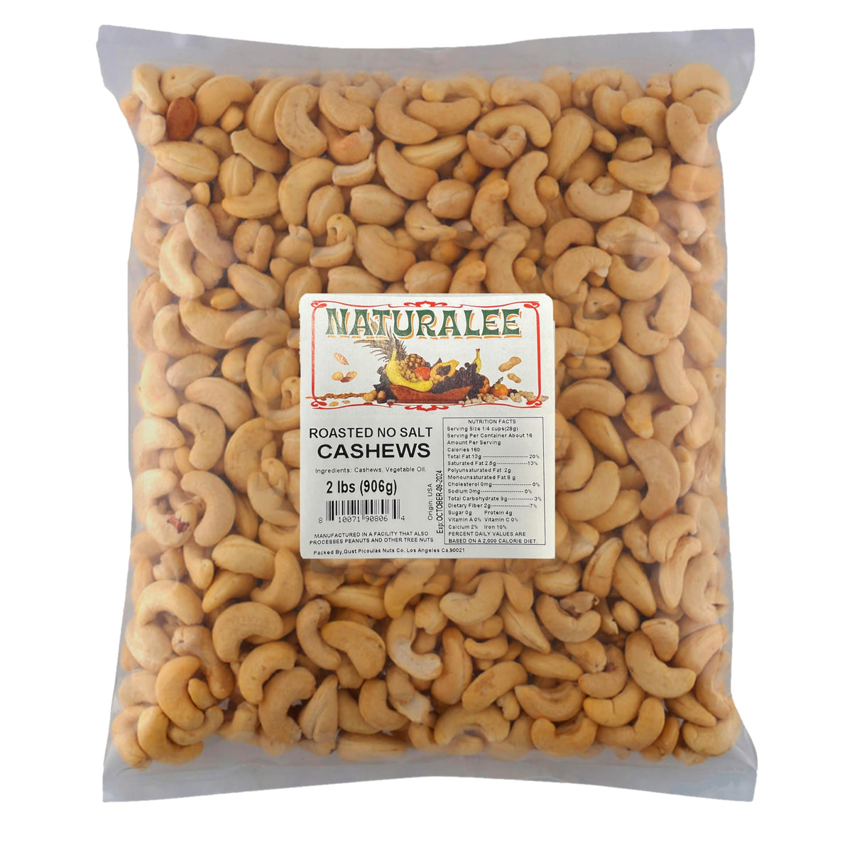 Naturalee cashews front packaging showing roasted unsalted nuts, ideal for snacking.