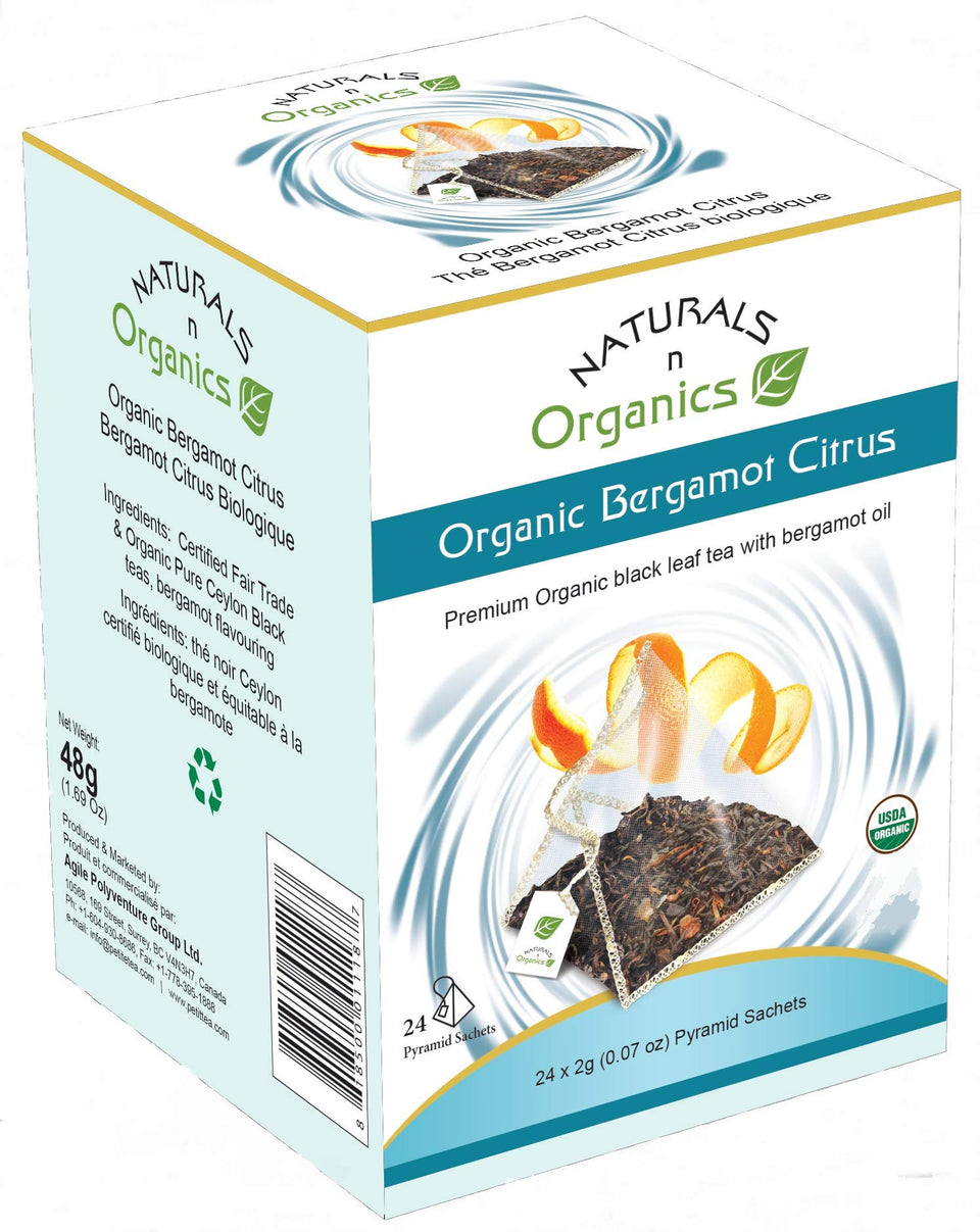Naturals-n-Organics bergamot tea box packaging highlighting premium organic quality.