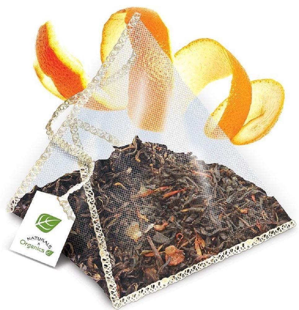 Naturals-n-Organics bergamot tea pyramid sachets ready for brewing.