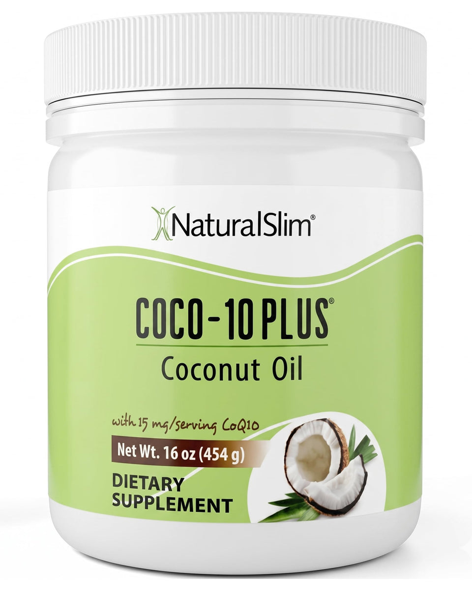 Naturalslim coconut oil with CoQ10 bottle on kitchen counter for energy support