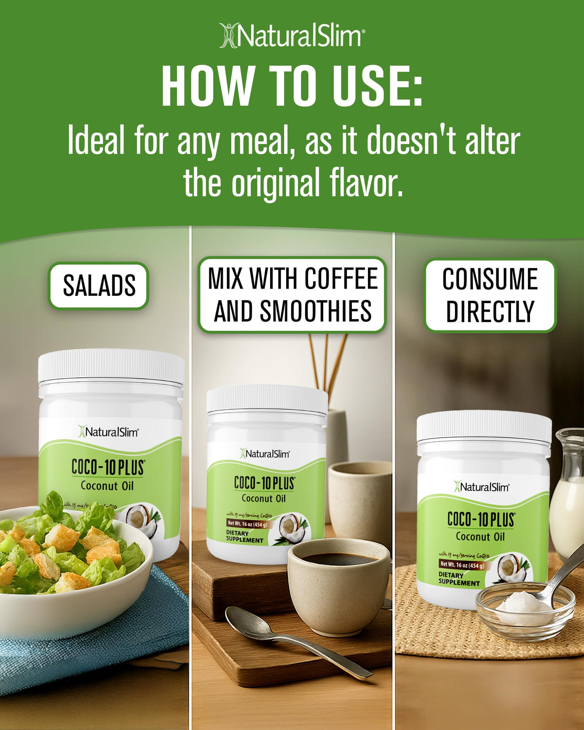 Naturalslim CoQ10 coconut oil in coffee shot for smooth daily energy