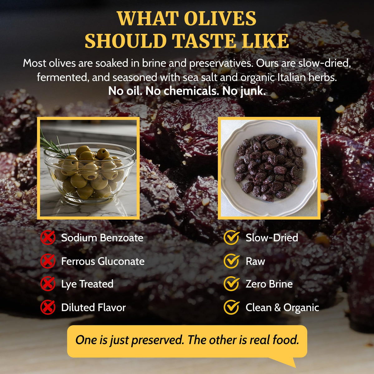 NaturalZing Botija olives closeup emphasizing naturally cured flavor for tastier bites.