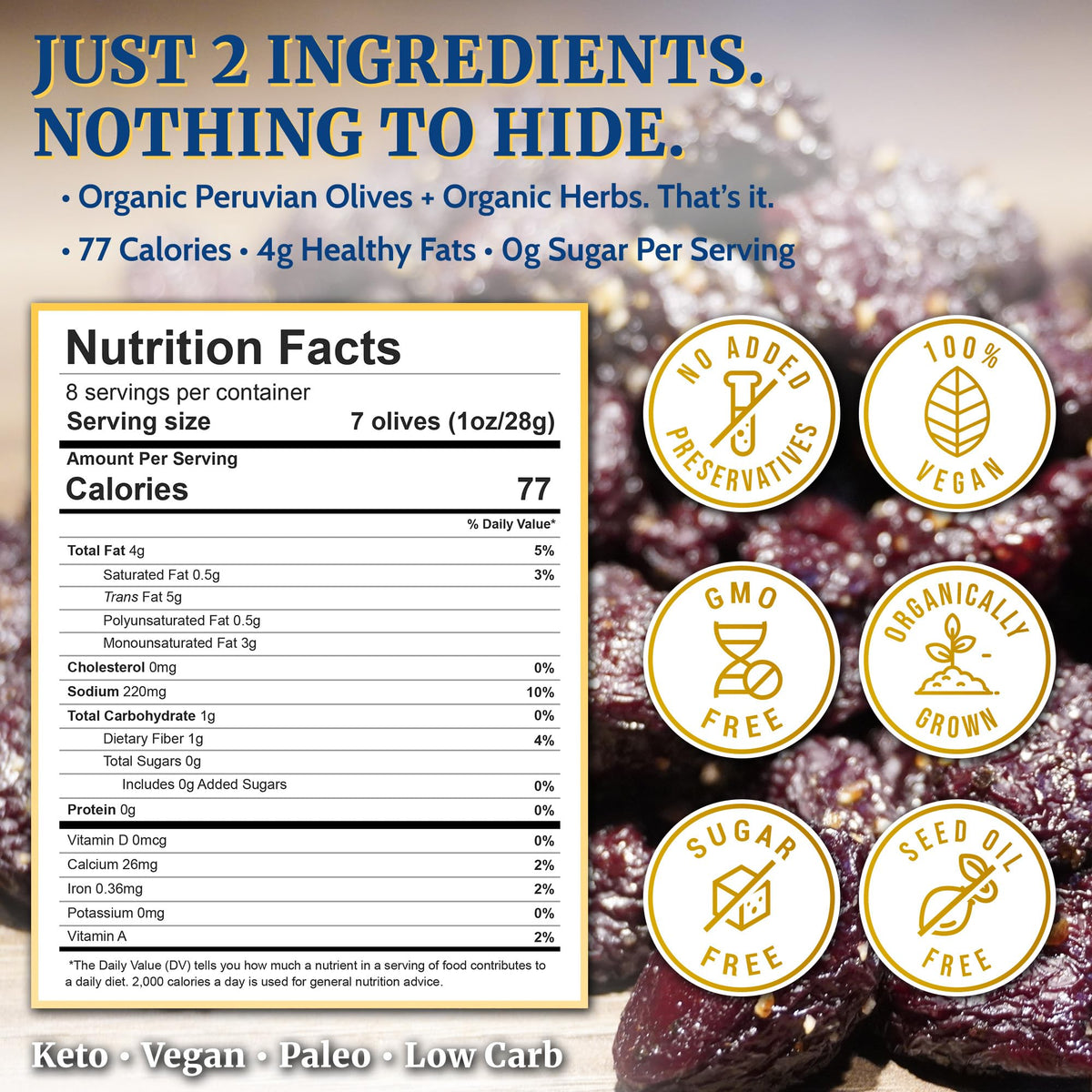NaturalZing Organic Peruvian olives reveal juicy interior, ideal for salads.