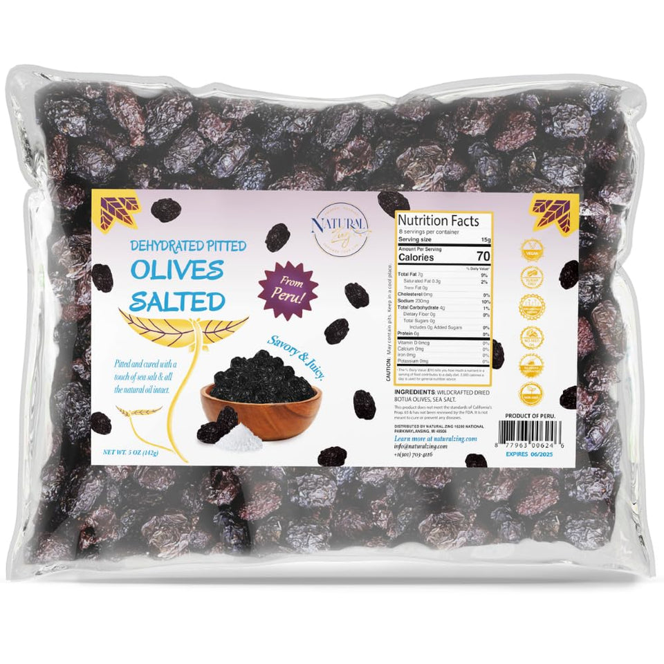NaturalZing Peruvian black olives packshot highlighting convenient, ready-to-eat snacking.