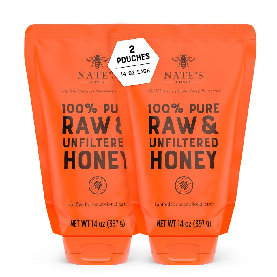 Nature Nate's honey bottle pour shows pure, unfiltered sweetness.