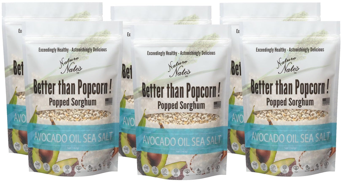 Nature Nate’s popped sorghum with avocado oil and sea salt, keto-friendly gluten-free snack.