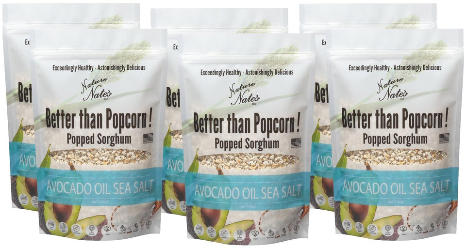 Nature Nate’s popped sorghum with avocado oil and sea salt, keto-friendly gluten-free snack.