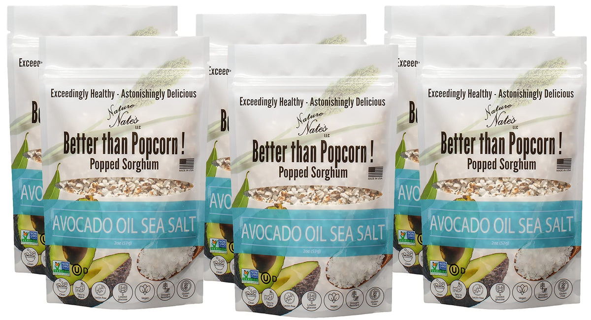 Nature Nate's Popped Sorghum bag with avocado oil and sea salt, a gluten-free snack.