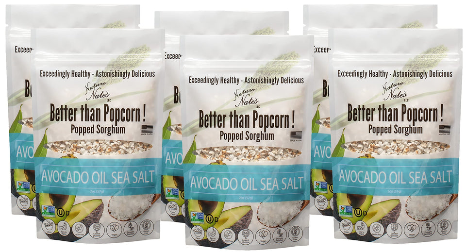 Nature Nate's Popped Sorghum bag with avocado oil and sea salt, a gluten-free snack.