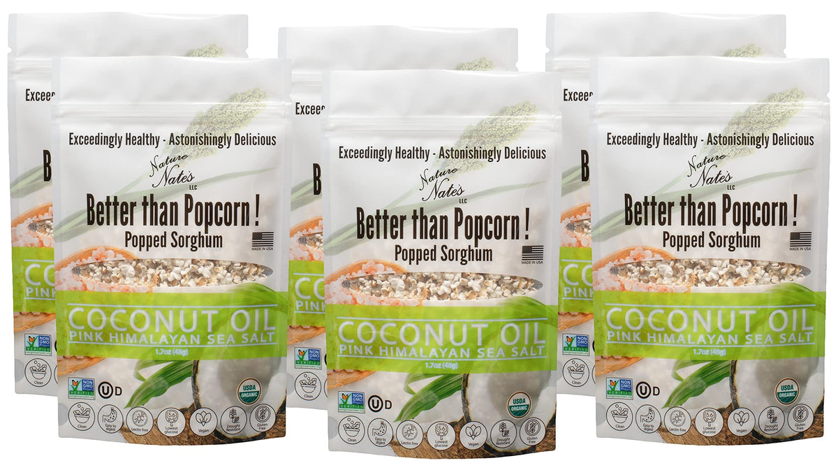 Nature Nate’s popped sorghum bag shows a gluten-free, crunchy snack with coconut oil and pink salt.