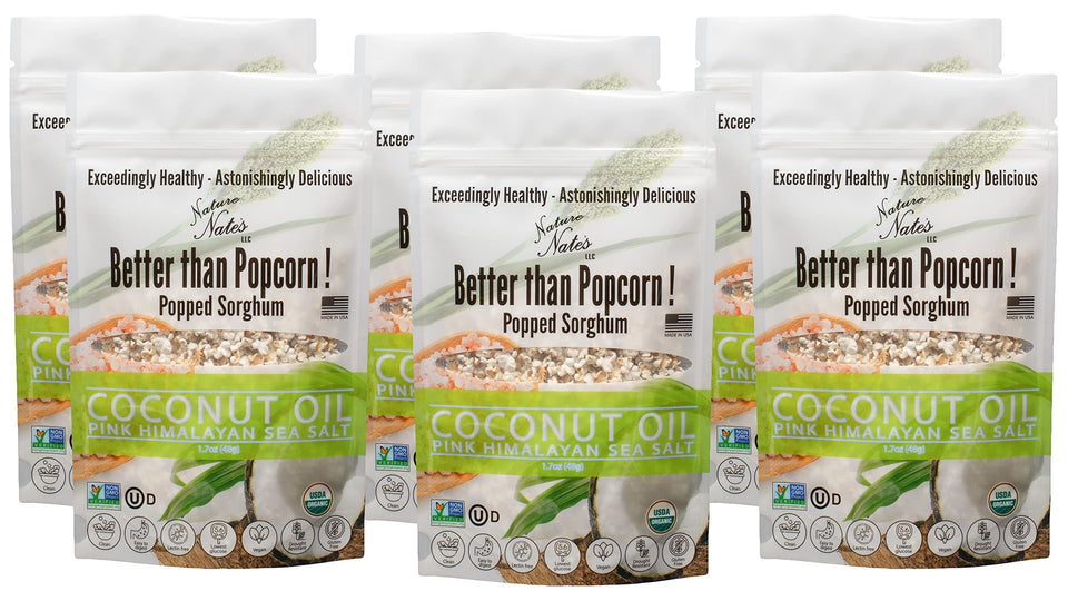 Nature Nate’s popped sorghum bag shows a gluten-free, crunchy snack with coconut oil and pink salt.