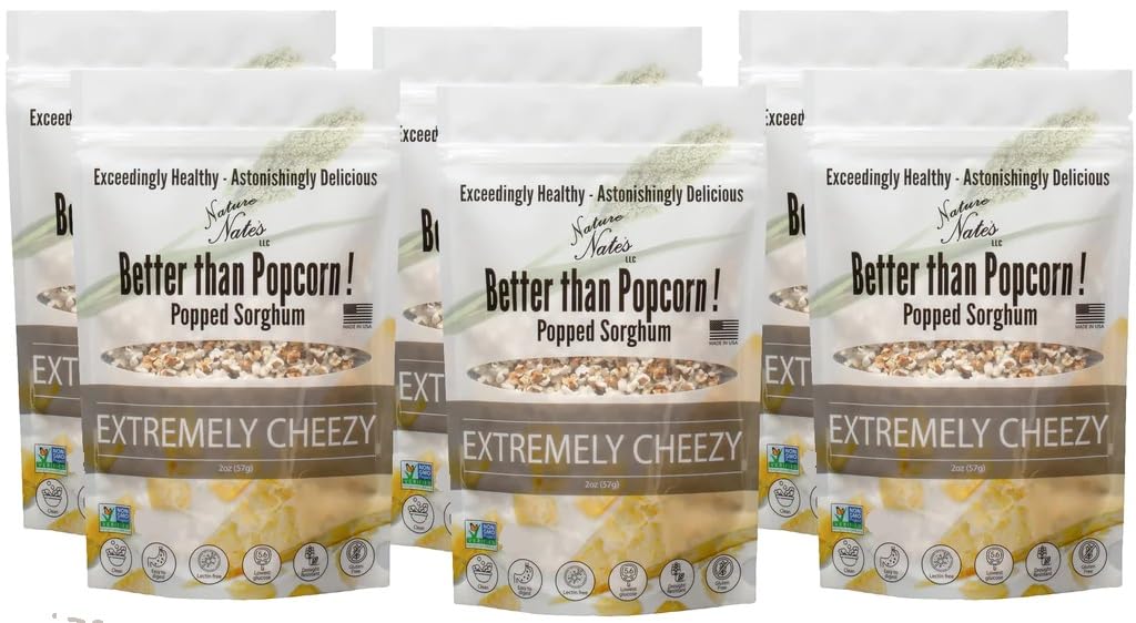 Nature Nate’s Popped Sorghum Extremely Cheezy bite in bag—gluten-free snack option.