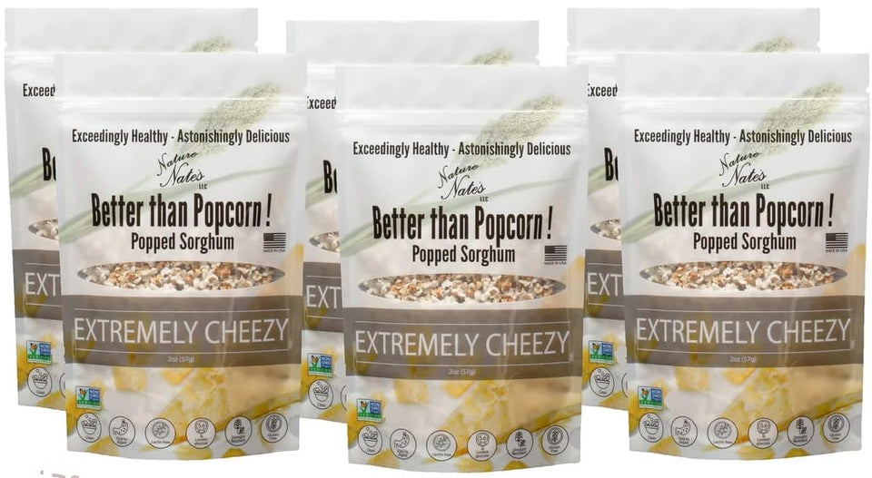 Nature Nate’s Popped Sorghum Extremely Cheezy bite in bag—gluten-free snack option.