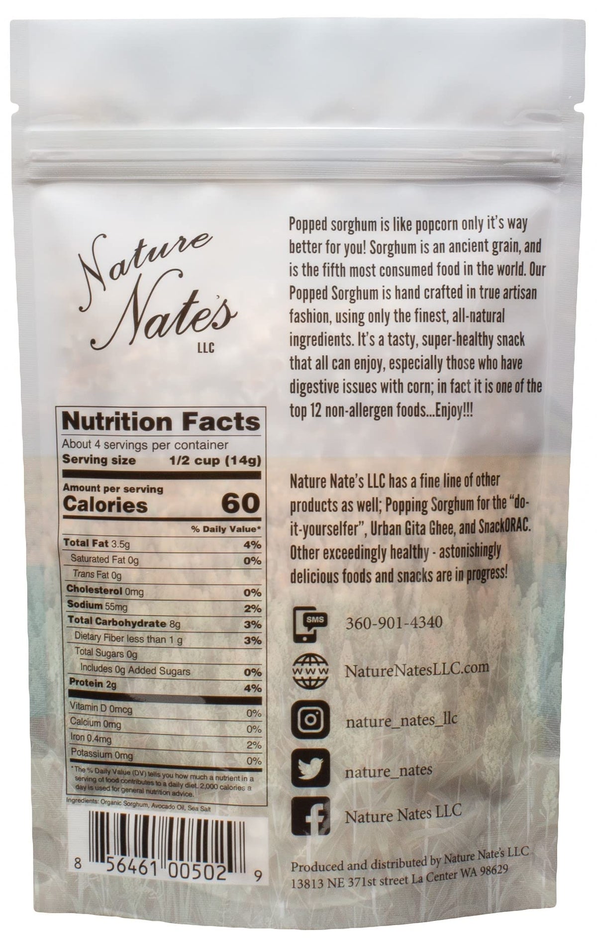 Nature Nate's sorghum serving bowl highlights a wholesome gluten-free snack.