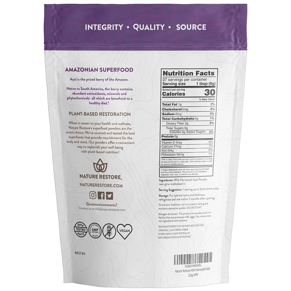 Nature Restore acai powder scoop beside bag, convenient, smoothie-ready format for daily boosts.