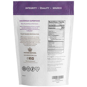 Nature Restore acai powder scoop beside bag, convenient, smoothie-ready format for daily boosts.