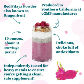 Nature Restore pink pitaya powder bowl ready to mix into smoothies.