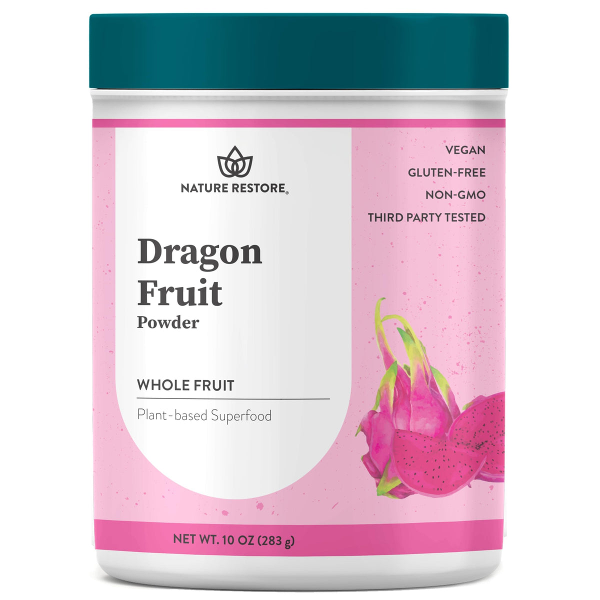 Nature Restore pink pitaya powder jar shows vibrant color and shelf-stable convenience.