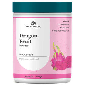 Nature Restore pink pitaya powder jar shows vibrant color and shelf-stable convenience.