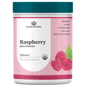 Nature Restore red raspberry powder bottle showing organic certification and freshness.