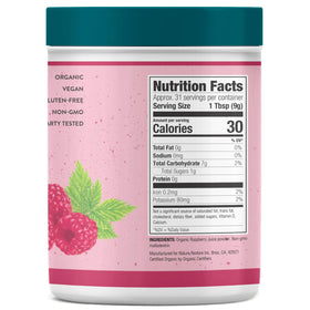 Nature Restore red raspberry powder jar label highlights organic purity and labeling.