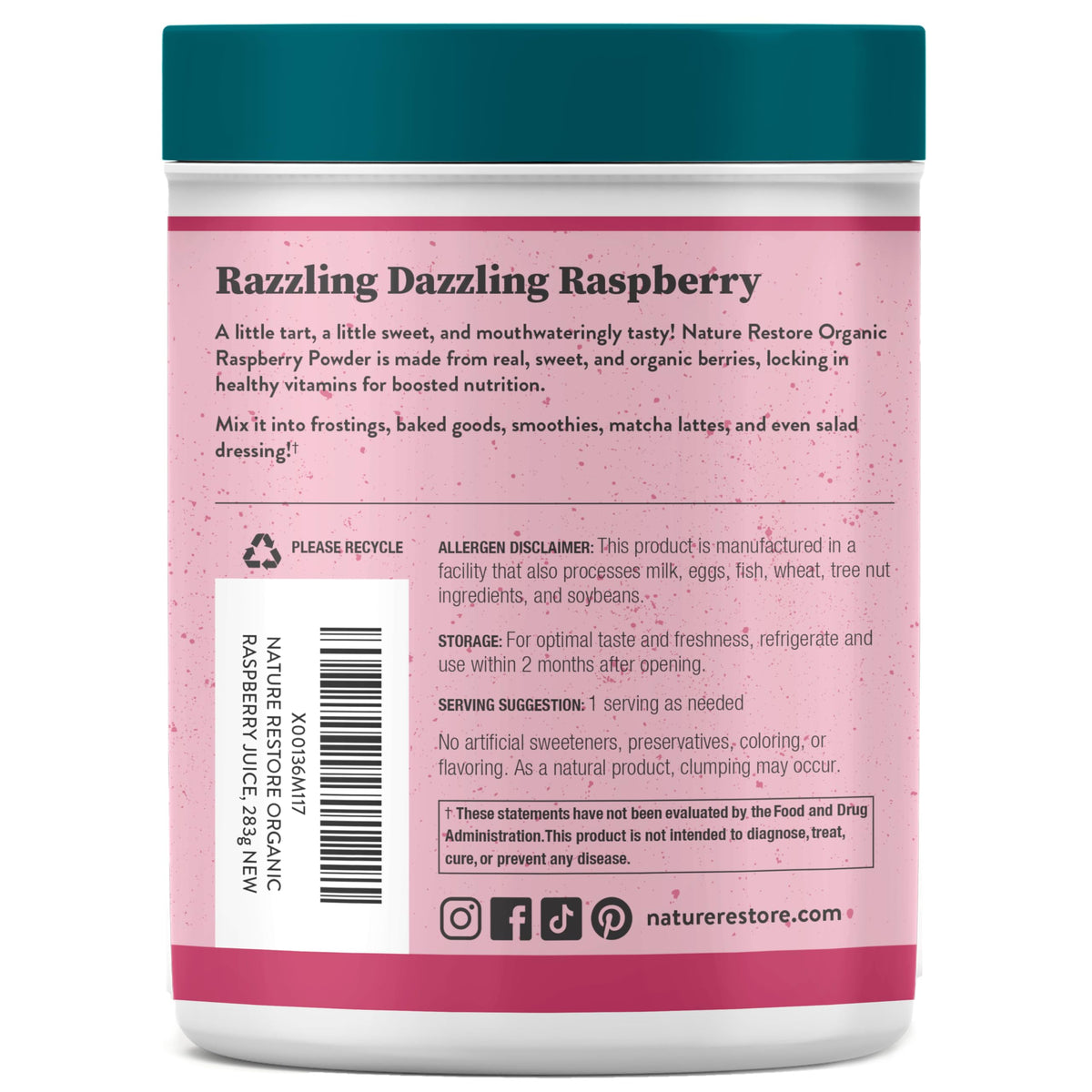 Nature Restore red raspberry powder scoop demonstrates texture ideal for smoothies.