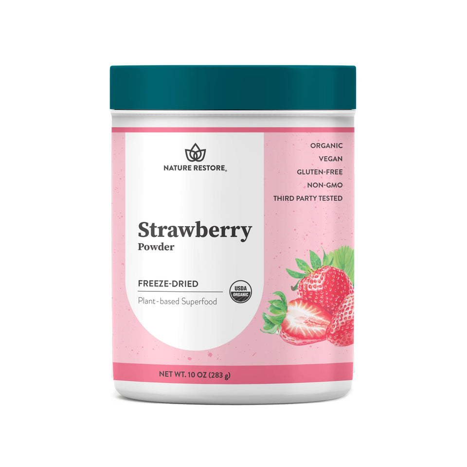 Nature Restore strawberry powder jar with organic certification label for clean flavor.