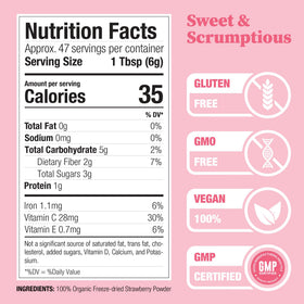 Nature Restore strawberry powder closeup highlighting fine texture ideal for smoothies.
