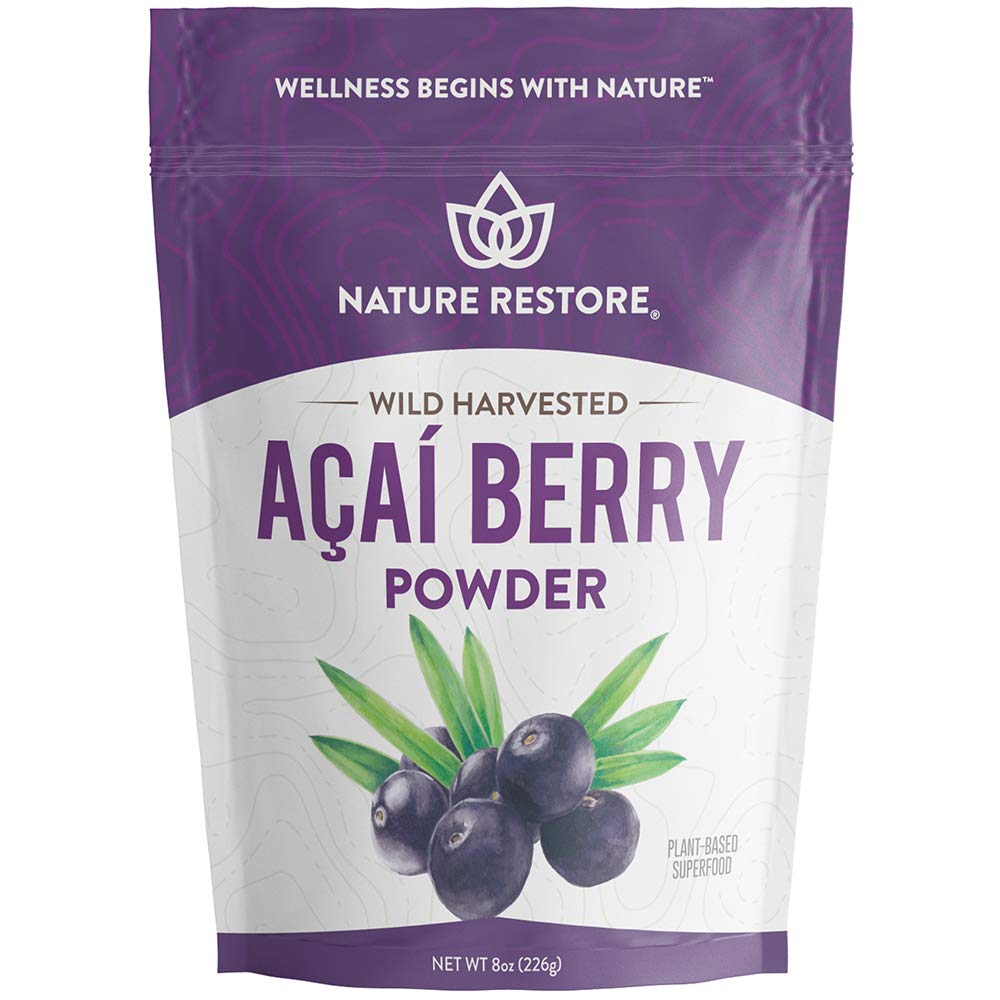 Nature Restore wild-harvested acai powder bag on counter, freshness for smoothies.
