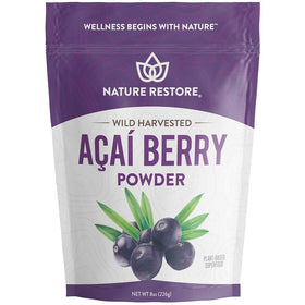 Nature Restore wild-harvested acai powder bag on counter, freshness for smoothies.